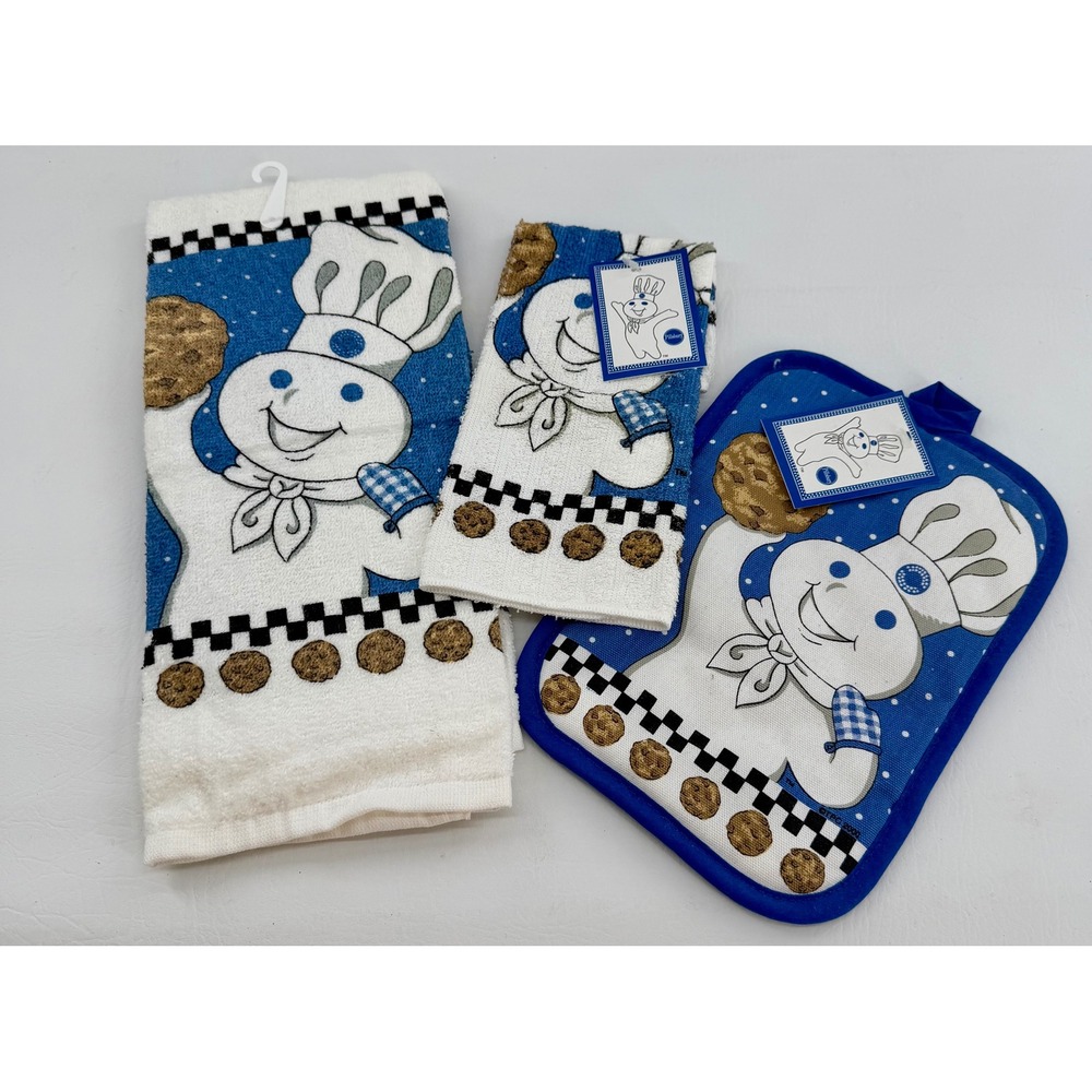 Pillsbury Doughboy Kitchen Dish Towel Oven Mit Set of 3 Blue Vintage Decor New